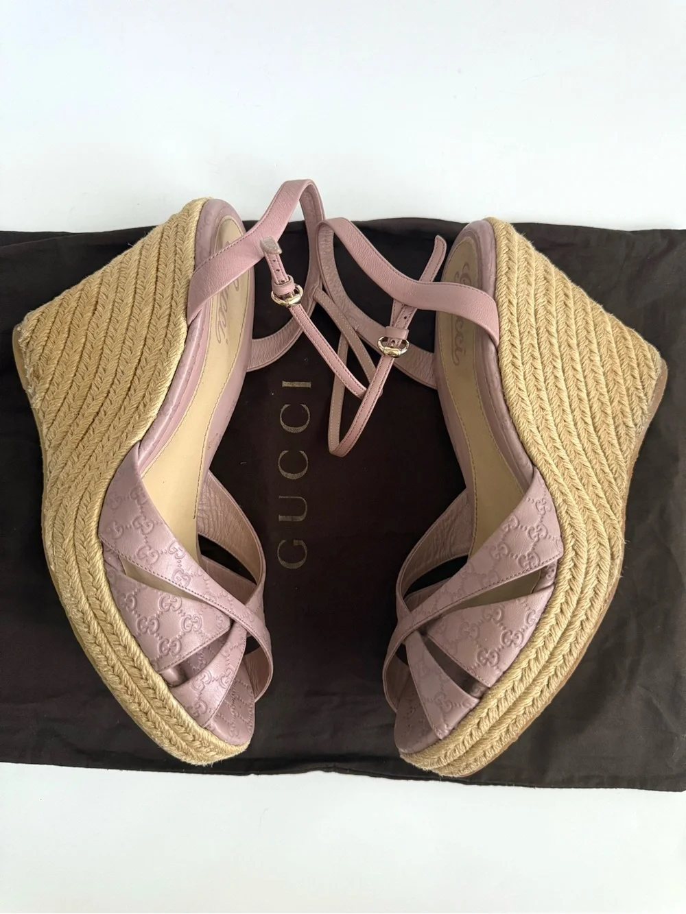 Gucci Blush Pink Guccissima Leather Wedge Espadrille Sandals